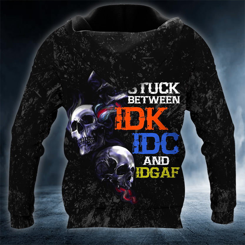 Stuck Between IDK IDC IDGAF Skull 3D Printed Zip Hoodie