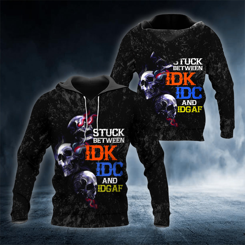 Stuck Between IDK IDC IDGAF Skull 3D Printed Hoodie