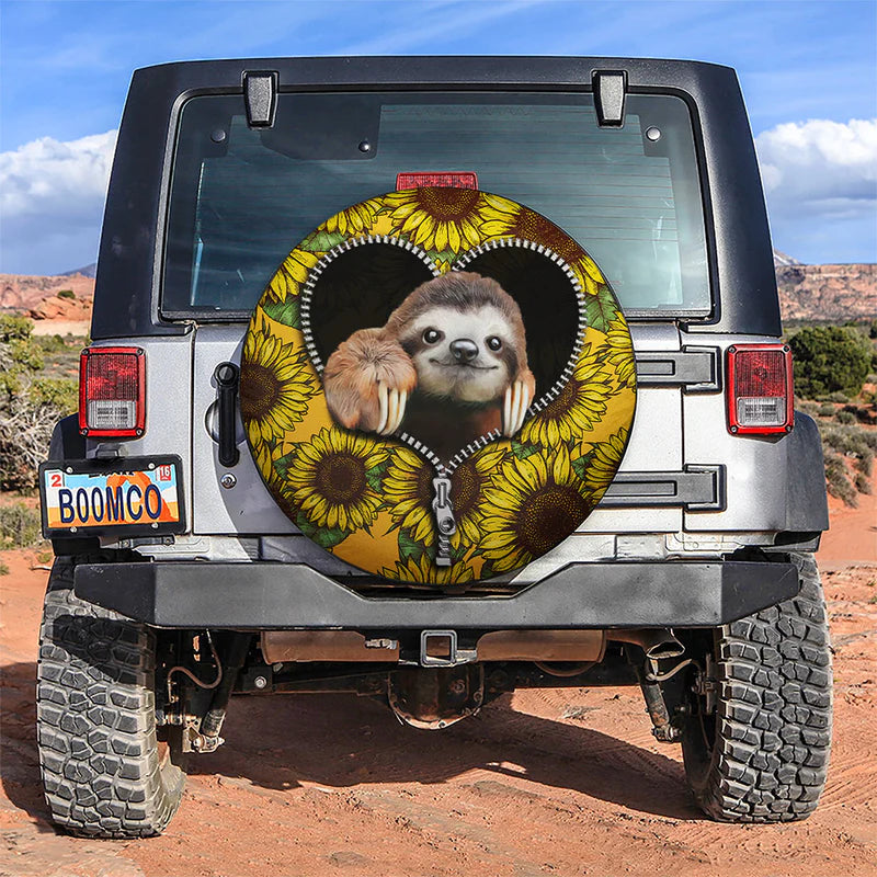 Sloth Cute Sunflower Zipper Car Spare Tire Covers