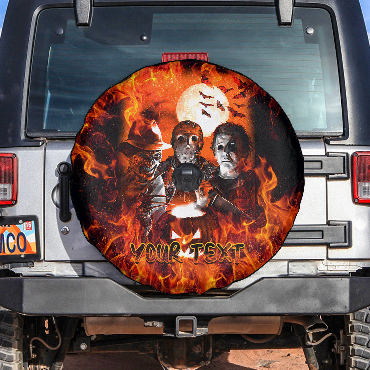 (Custom Personalised) Happy Halloween Spare Tire Cover - Michael Myers Freddy Krueger Jason Voorhees Fire Night LT13