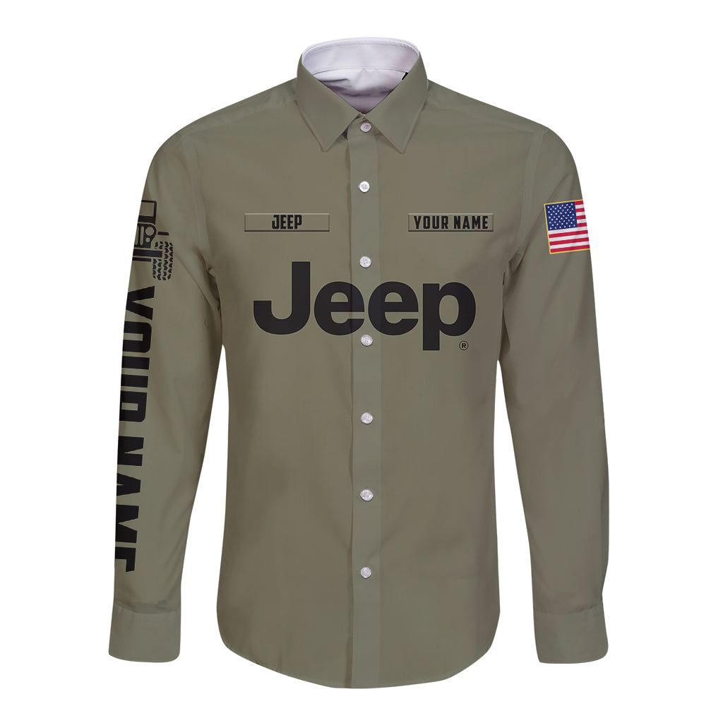 personalized-custom-name-simple-jeep-long-sleeve-button-shirt-olive-military