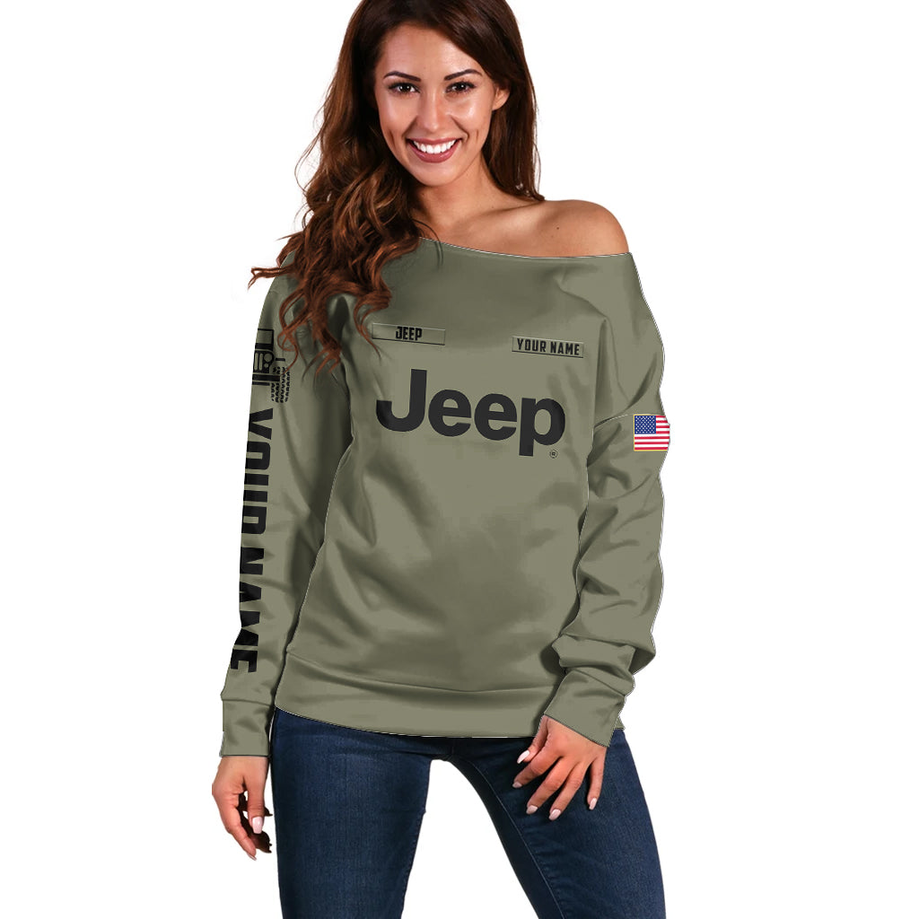 personalized-custom-name-simple-jeep-off-shoulder-sweater-olive-military