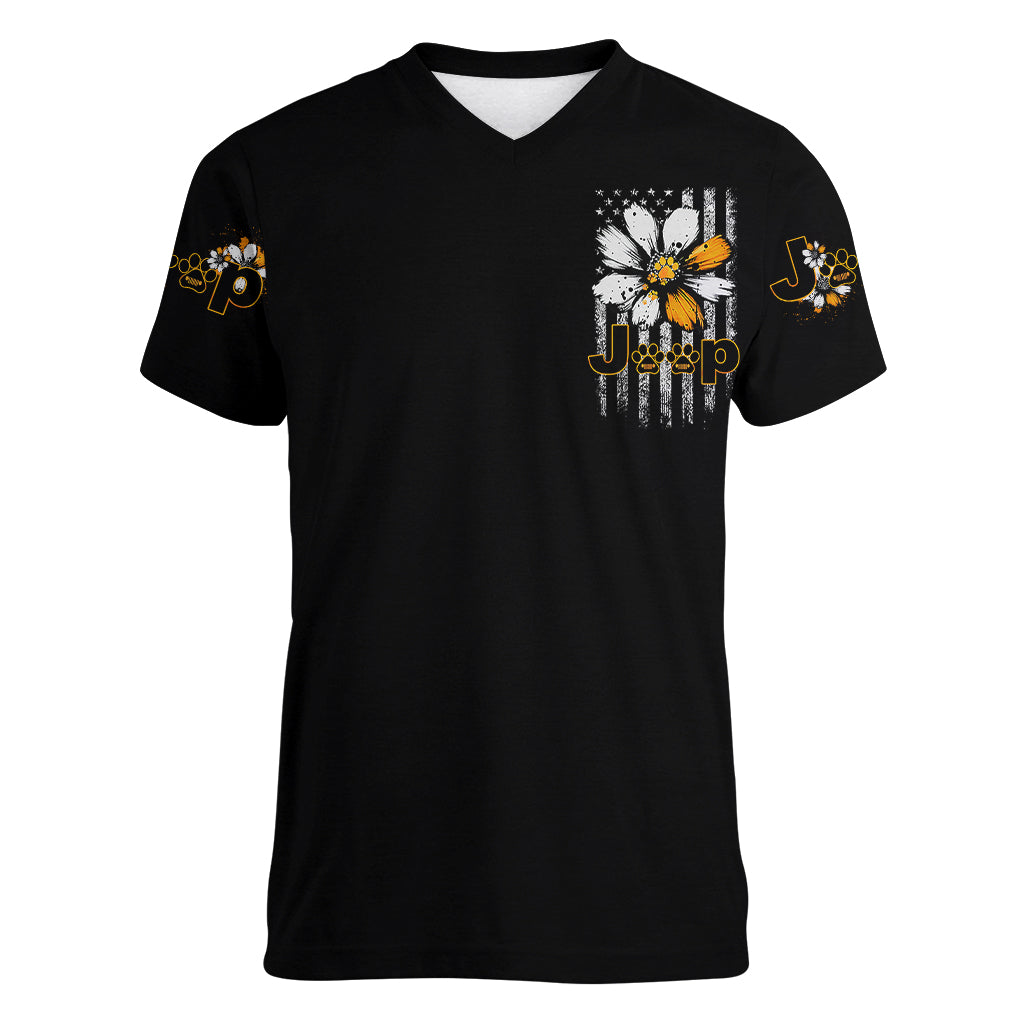 jeep-girl-dog-paw-daisy-women-v-neck-t-shirt