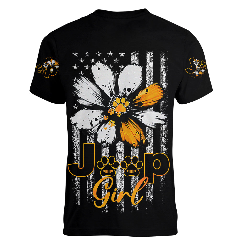 jeep-girl-dog-paw-daisy-women-v-neck-t-shirt