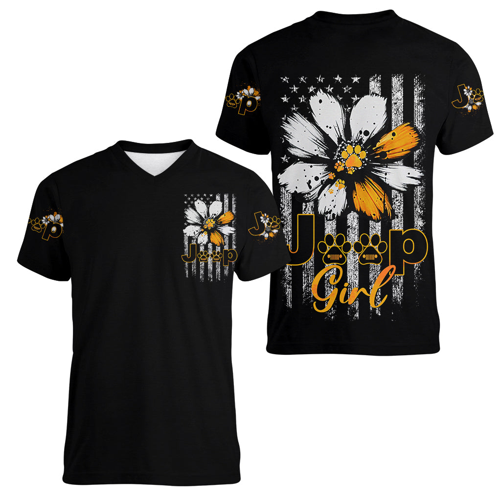 jeep-girl-dog-paw-daisy-women-v-neck-t-shirt