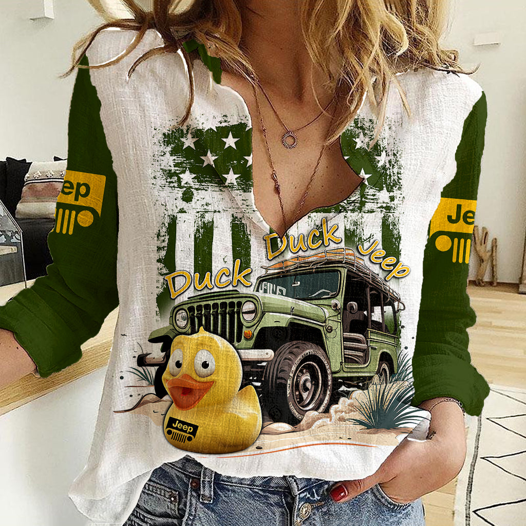 duck-duck-jeep-women-casual-shirt-i-dont-give-a-duck-mix-green-american-flag