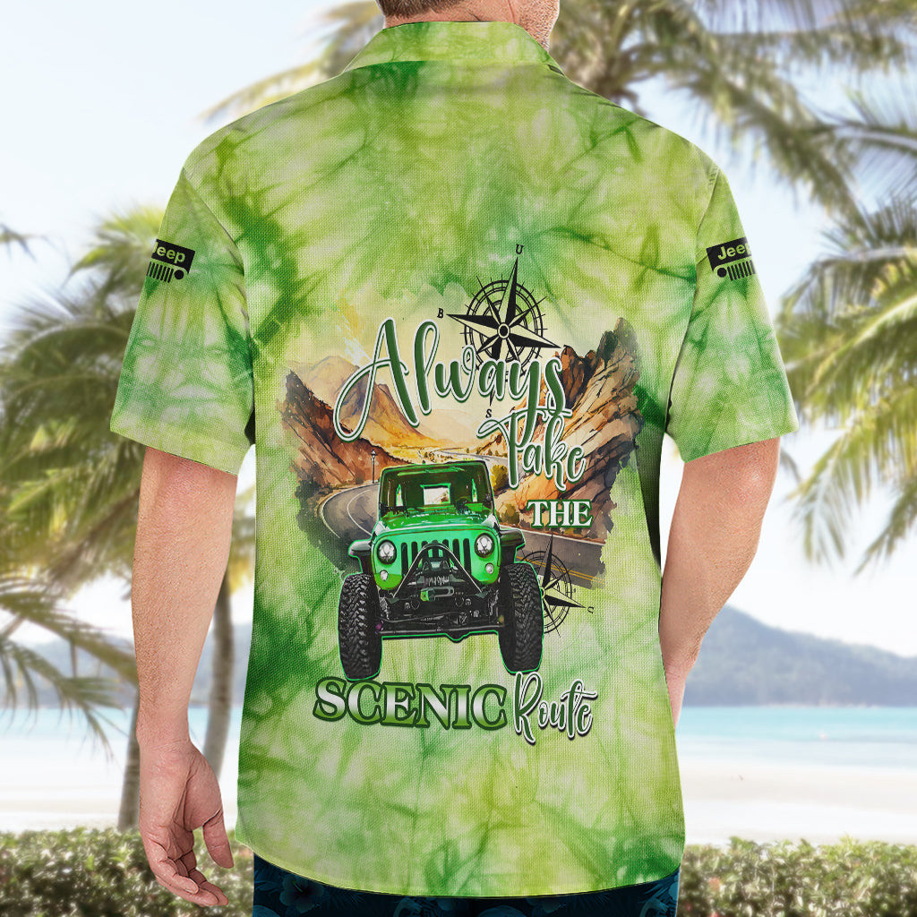 green-jeep-tie-dye-hawaiian-shirt-always-take-the-scenic-route