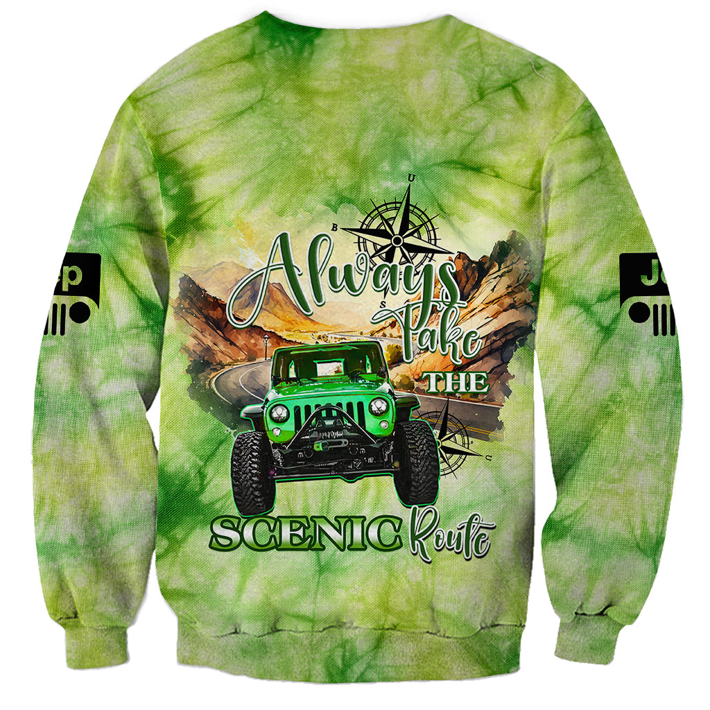 green-jeep-tie-dye-sweatshirt-always-take-the-scenic-route