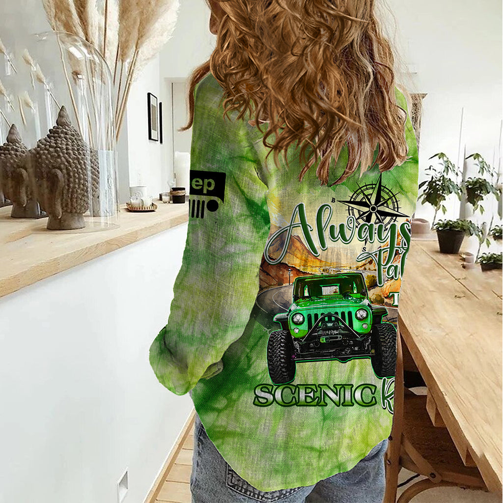 green-jeep-tie-dye-women-casual-shirt-always-take-the-scenic-route