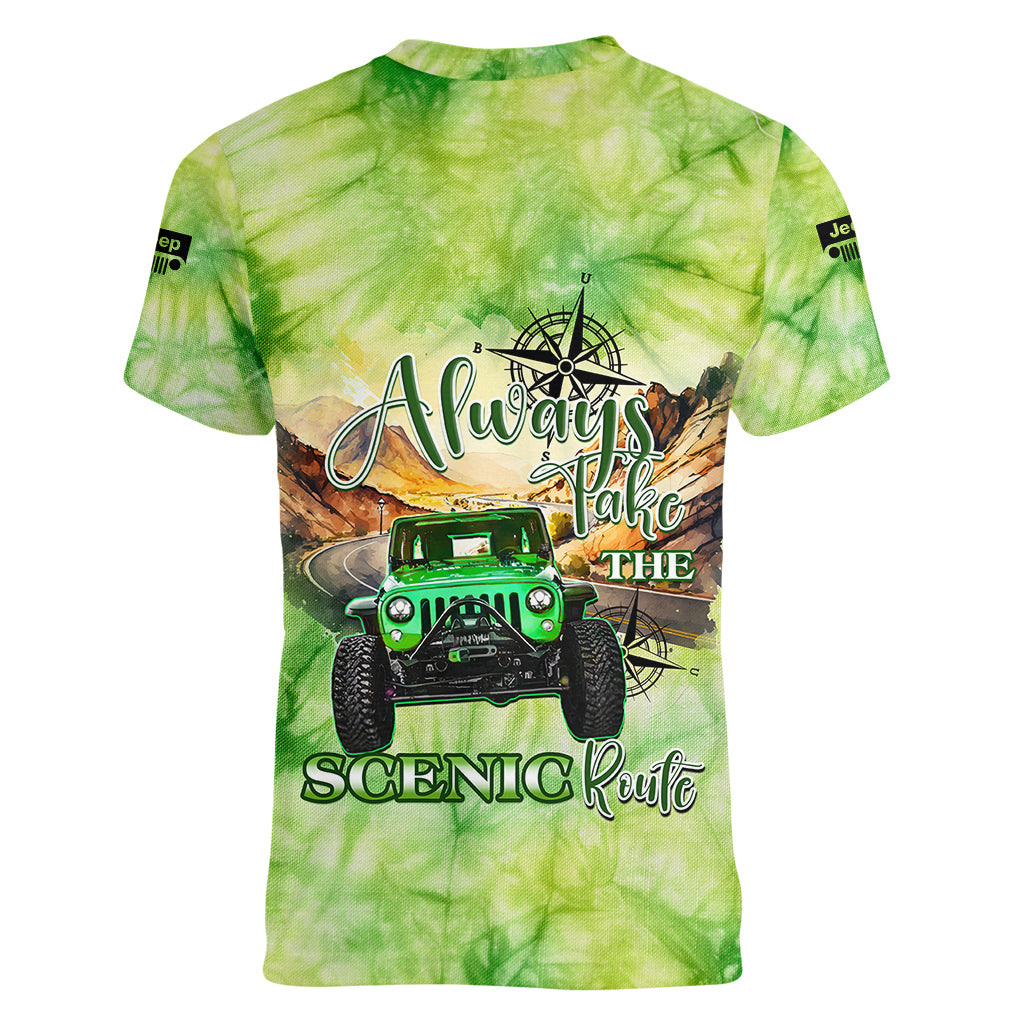 green-jeep-tie-dye-women-v-neck-t-shirt-always-take-the-scenic-route