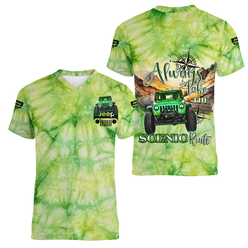 green-jeep-tie-dye-women-v-neck-t-shirt-always-take-the-scenic-route