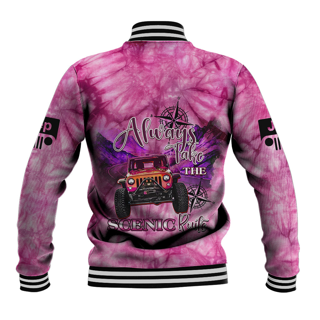 pink-jeep-tie-dye-baseball-jacket-always-take-the-scenic-route