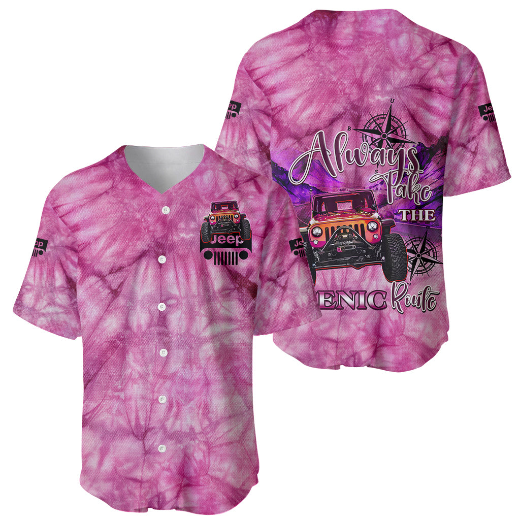 pink-jeep-tie-dye-baseball-jersey-always-take-the-scenic-route