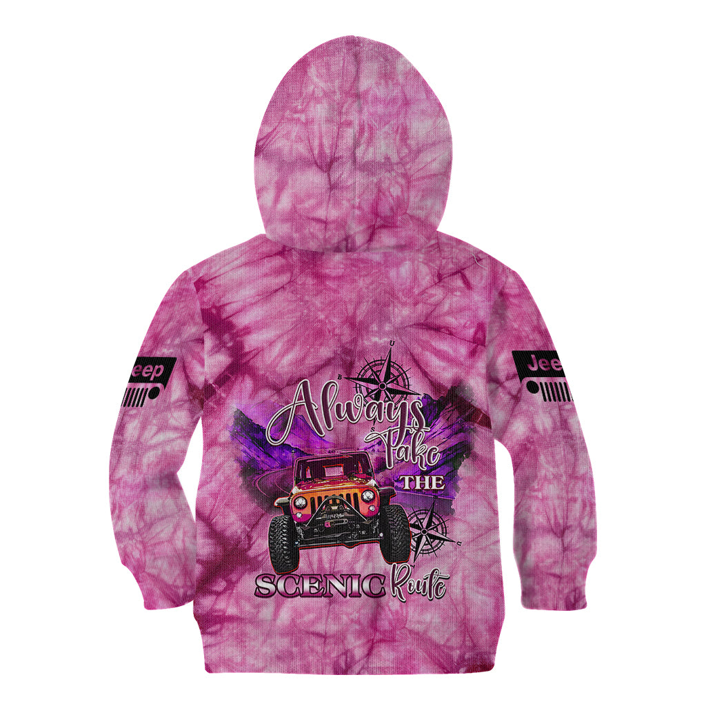 pink-jeep-tie-dye-kid-hoodie-always-take-the-scenic-route