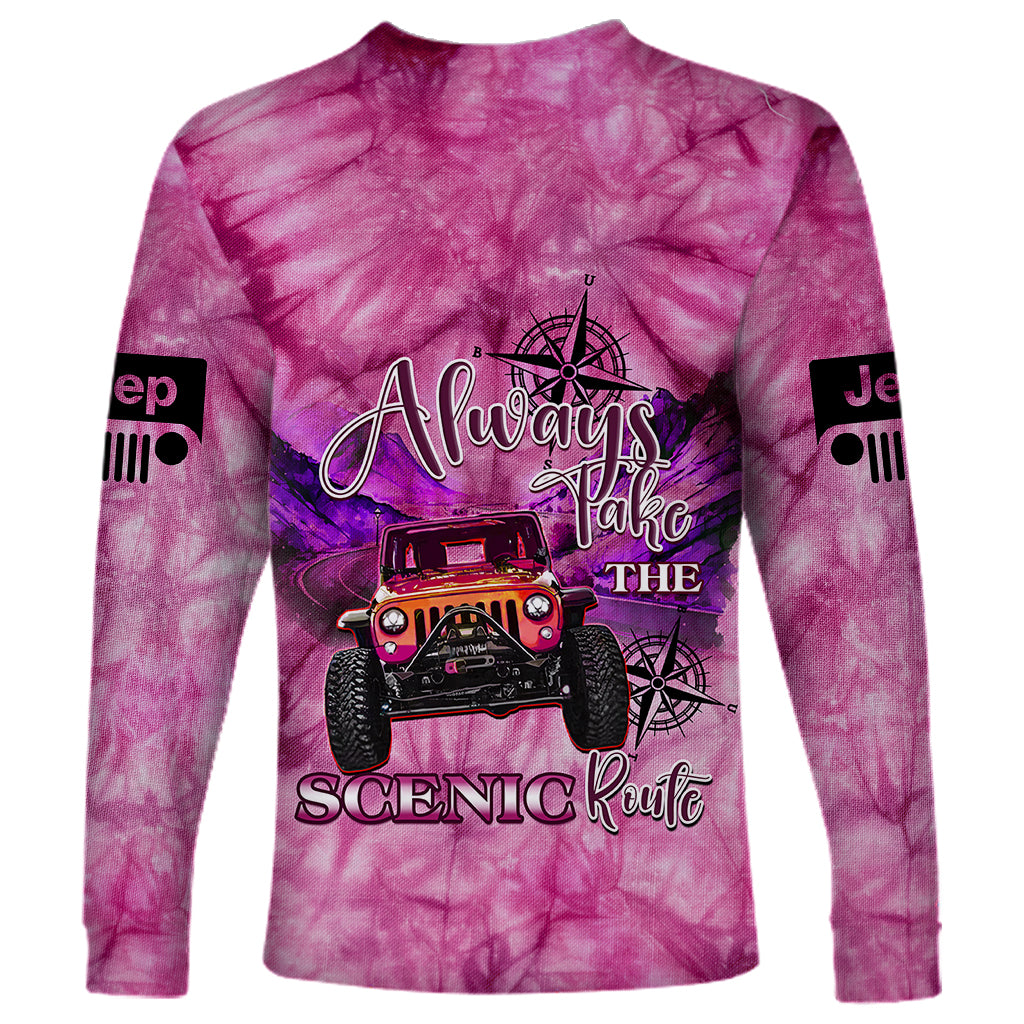 pink-jeep-tie-dye-long-sleeve-shirt-always-take-the-scenic-route