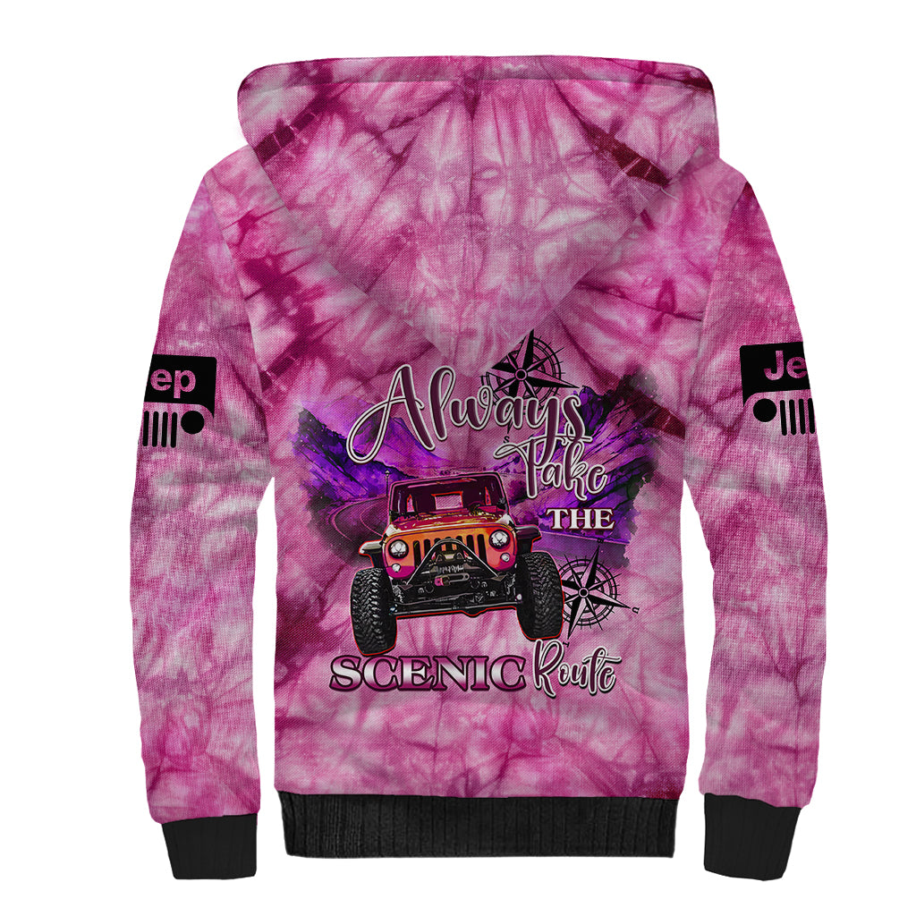 pink-jeep-tie-dye-sherpa-hoodie-always-take-the-scenic-route