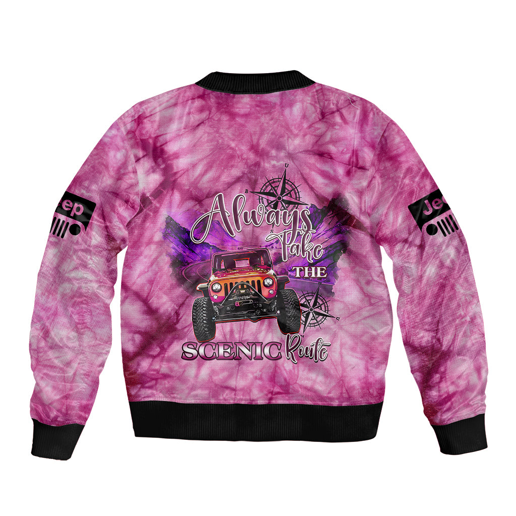 pink-jeep-tie-dye-sleeve-zip-bomber-jacket-always-take-the-scenic-route