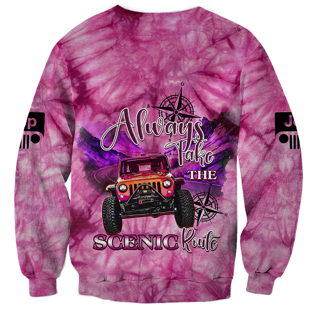 pink-jeep-tie-dye-sweatshirt-always-take-the-scenic-route