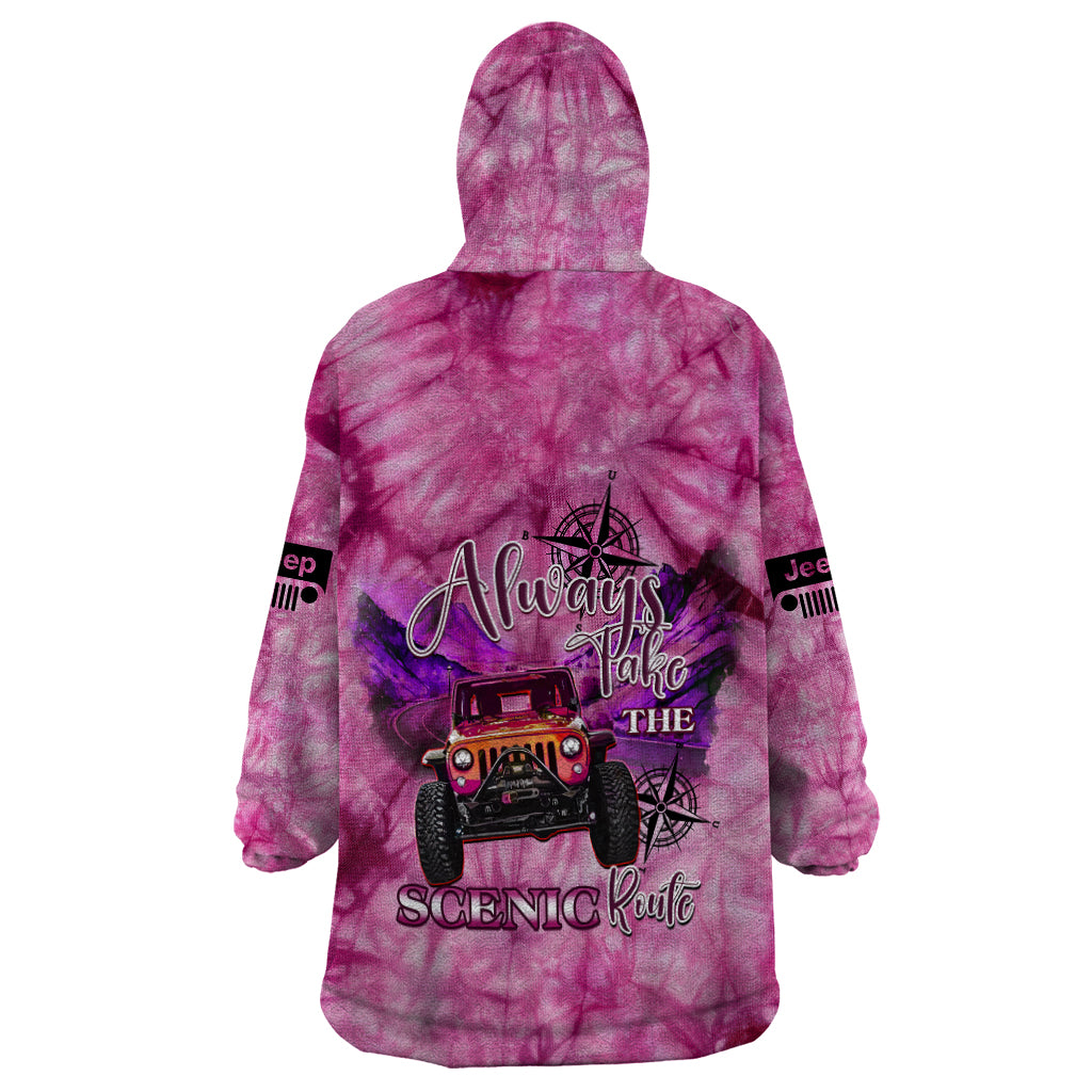 pink-jeep-tie-dye-wearable-blanket-hoodie-always-take-the-scenic-route