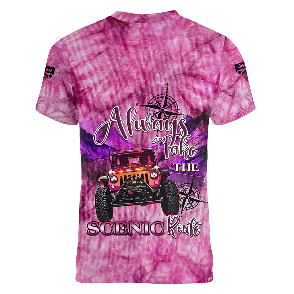 pink-jeep-tie-dye-women-v-neck-t-shirt-always-take-the-scenic-route