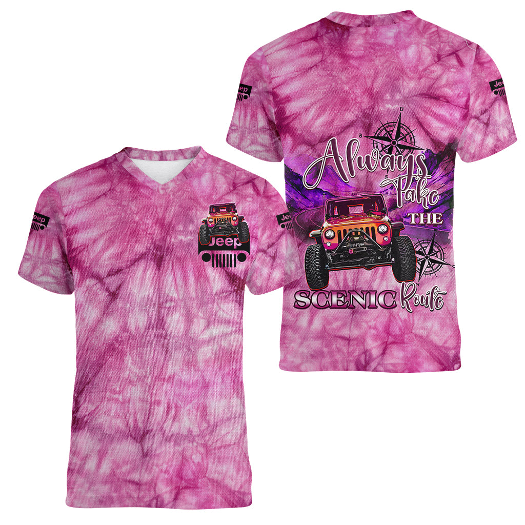 pink-jeep-tie-dye-women-v-neck-t-shirt-always-take-the-scenic-route