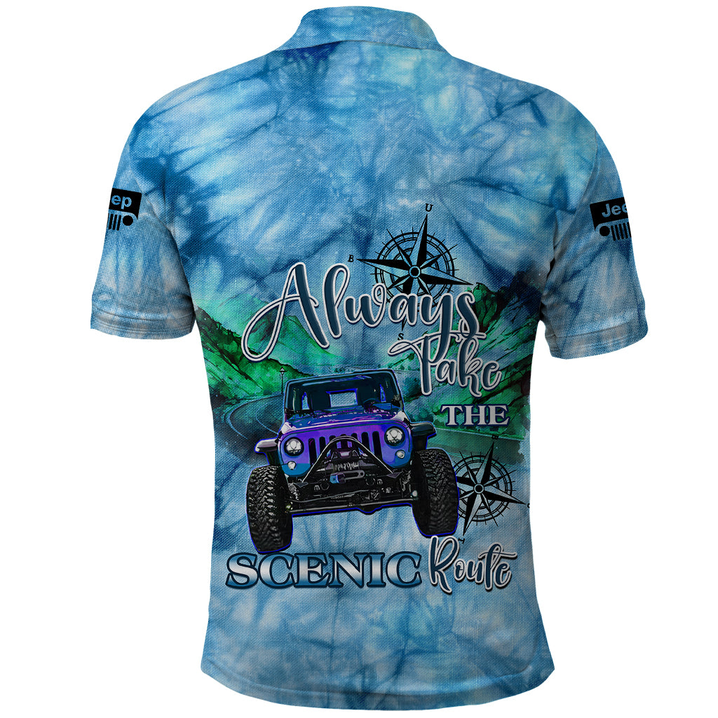 blue-jeep-tie-dye-polo-shirt-always-take-the-scenic-route