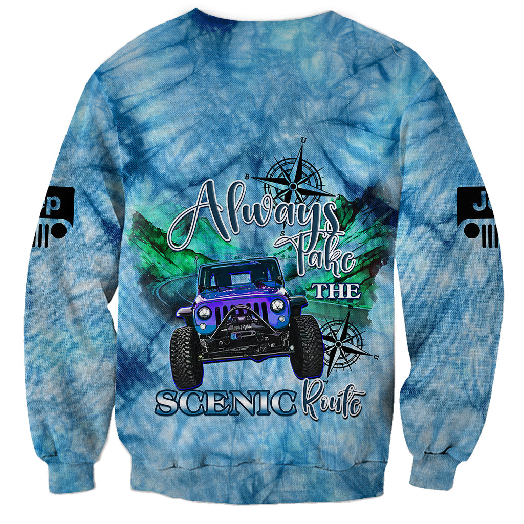 blue-jeep-tie-dye-sweatshirt-always-take-the-scenic-route