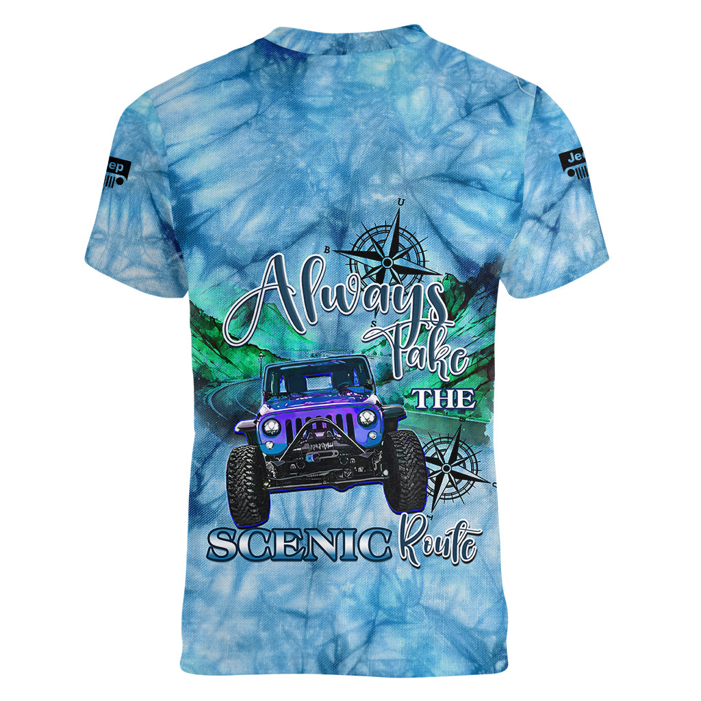 blue-jeep-tie-dye-women-v-neck-t-shirt-always-take-the-scenic-route