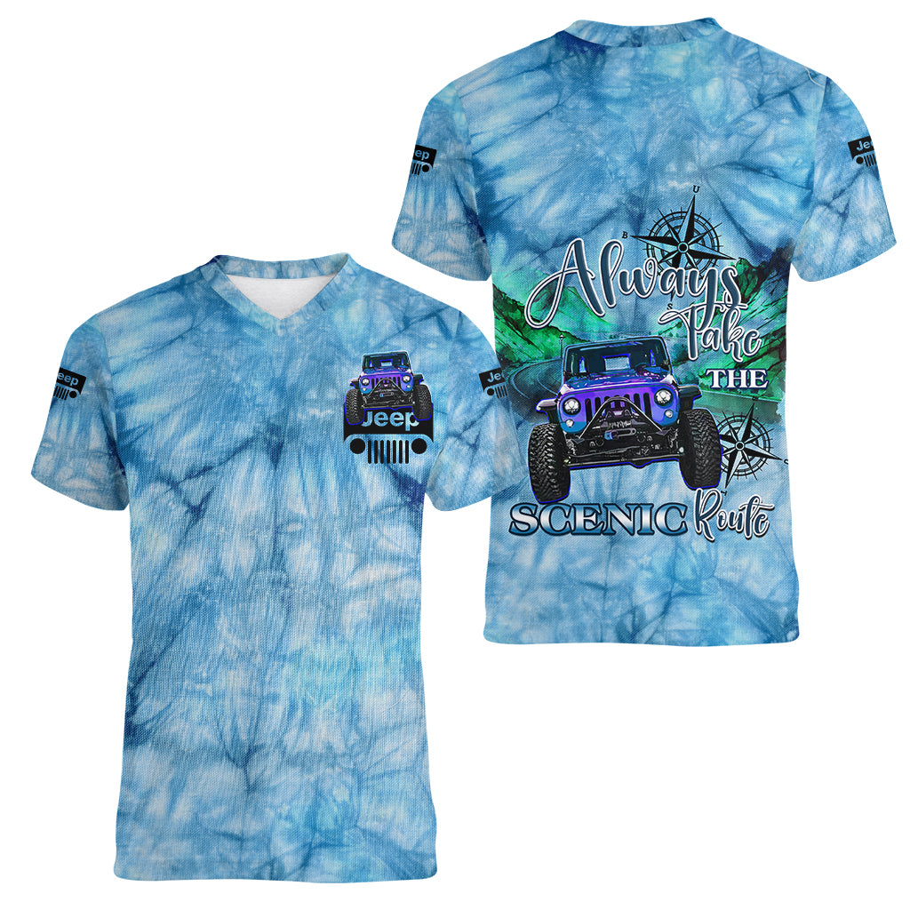 blue-jeep-tie-dye-women-v-neck-t-shirt-always-take-the-scenic-route