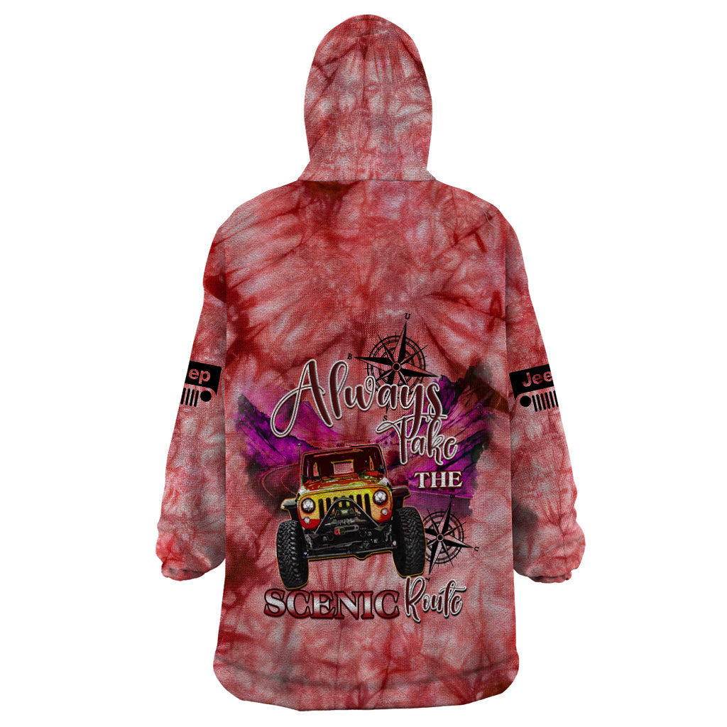 red-jeep-tie-dye-wearable-blanket-hoodie-always-take-the-scenic-route