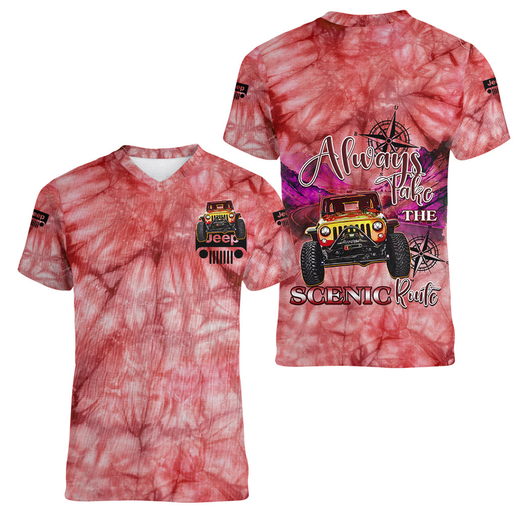 red-jeep-tie-dye-women-v-neck-t-shirt-always-take-the-scenic-route