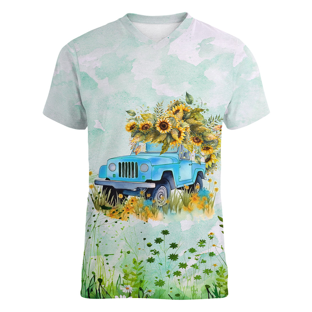 jeep-girl-floral-sunflower-women-v-neck-t-shirt