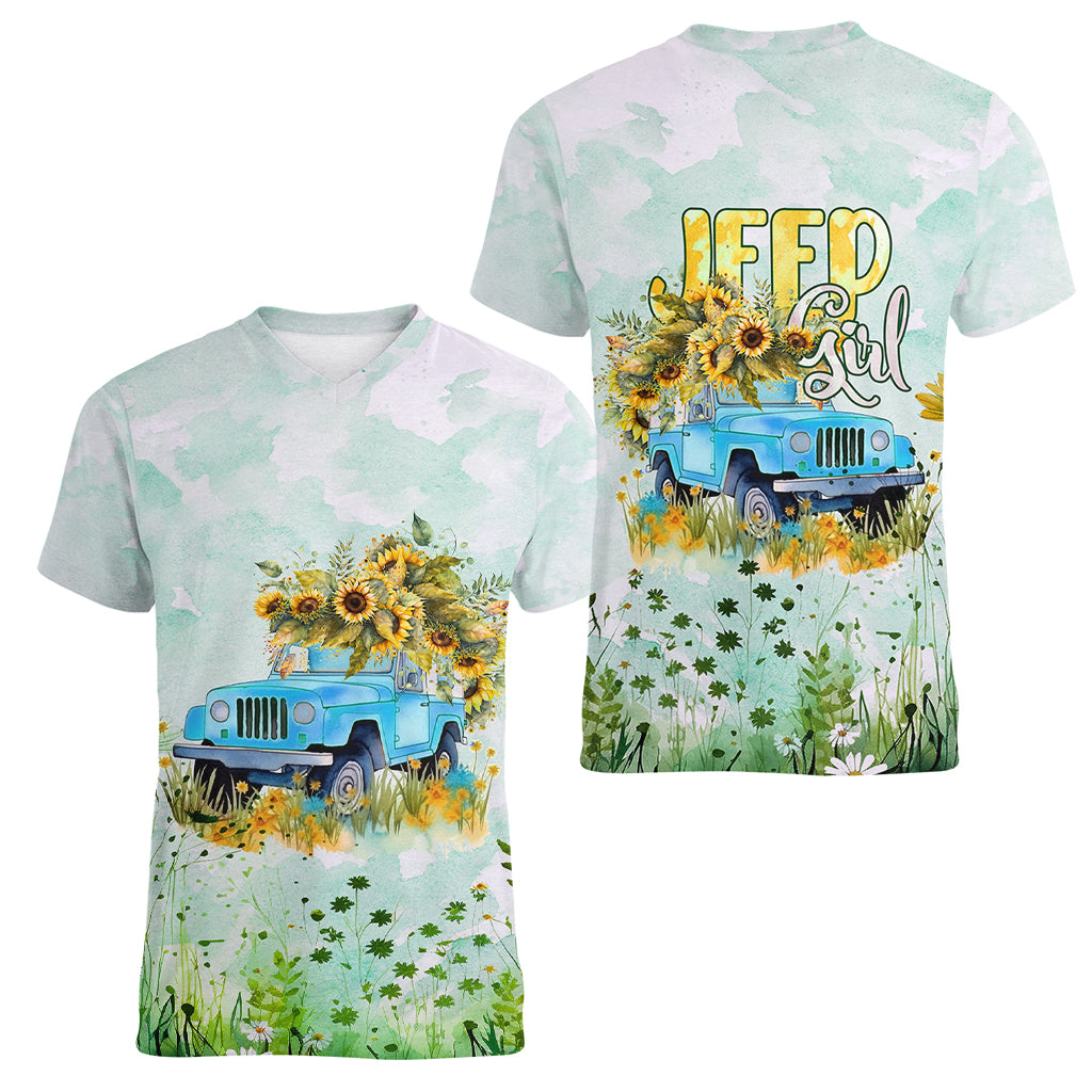 jeep-girl-floral-sunflower-women-v-neck-t-shirt