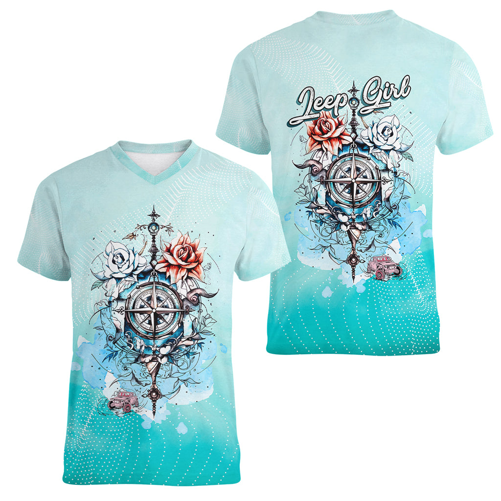 jeep-girl-women-v-neck-t-shirt-floral-compass