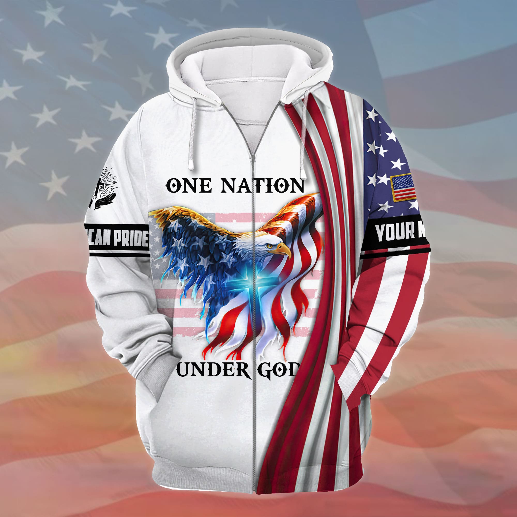 Premium One Nation Under God, 3D Eagle Patriotic Zip Hoodies Multicolor Personalized