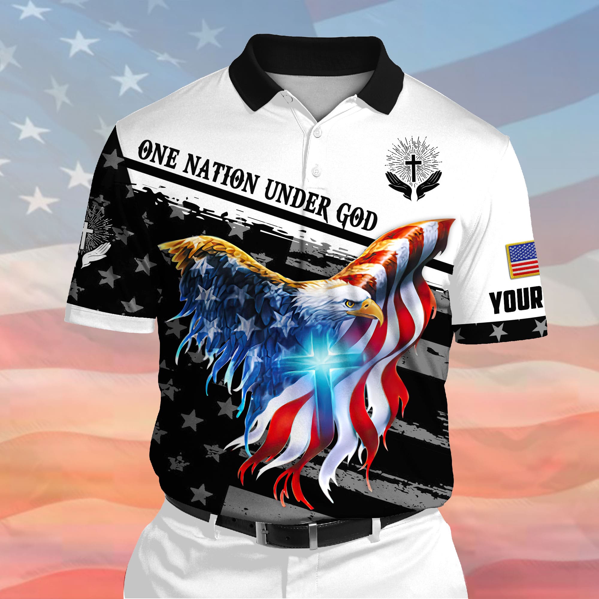 Premium One Nation Under God, Eagle Patriotic 3D Polo Multicolor Personalized