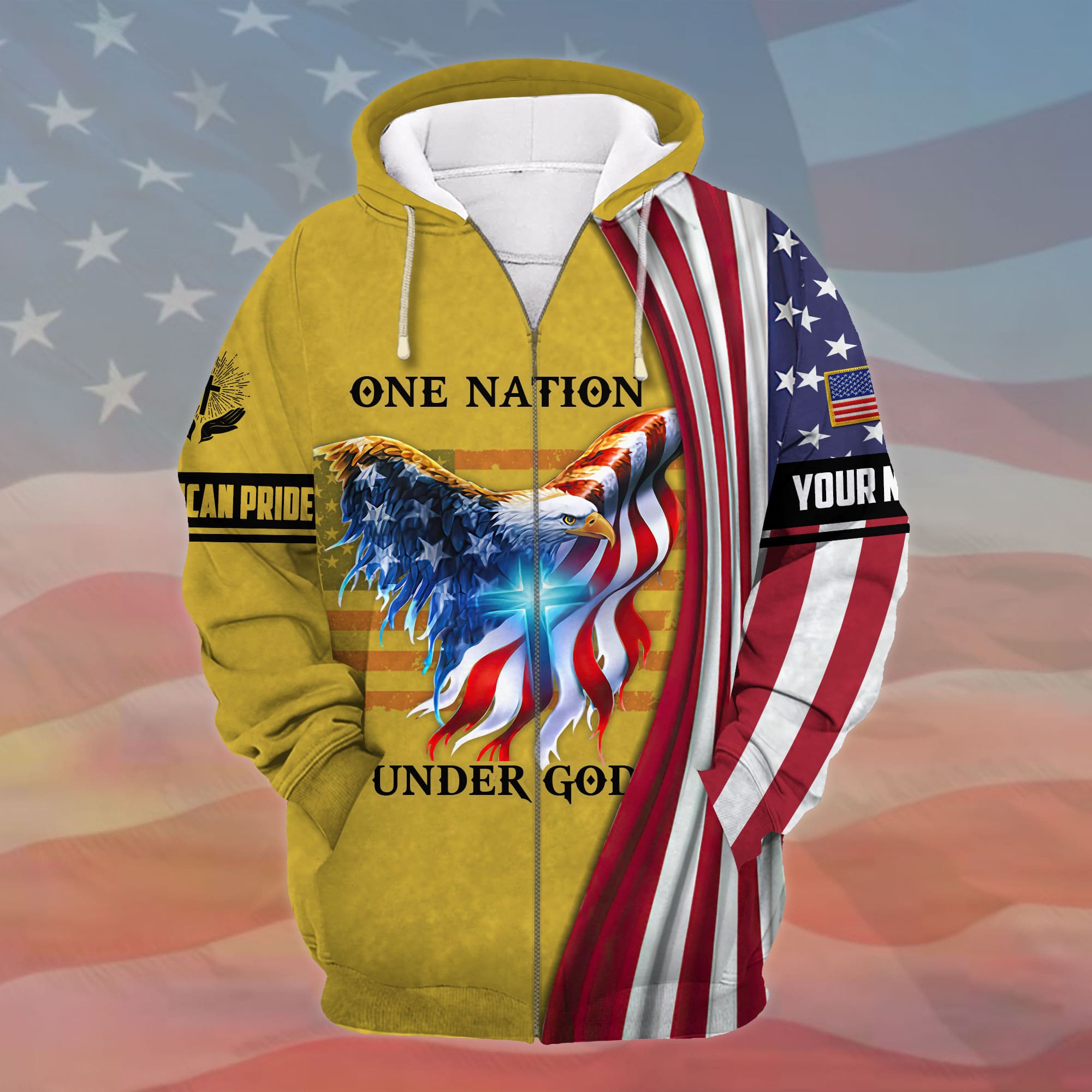 Premium One Nation Under God, 3D Eagle Patriotic Zip Hoodies Multicolor Personalized