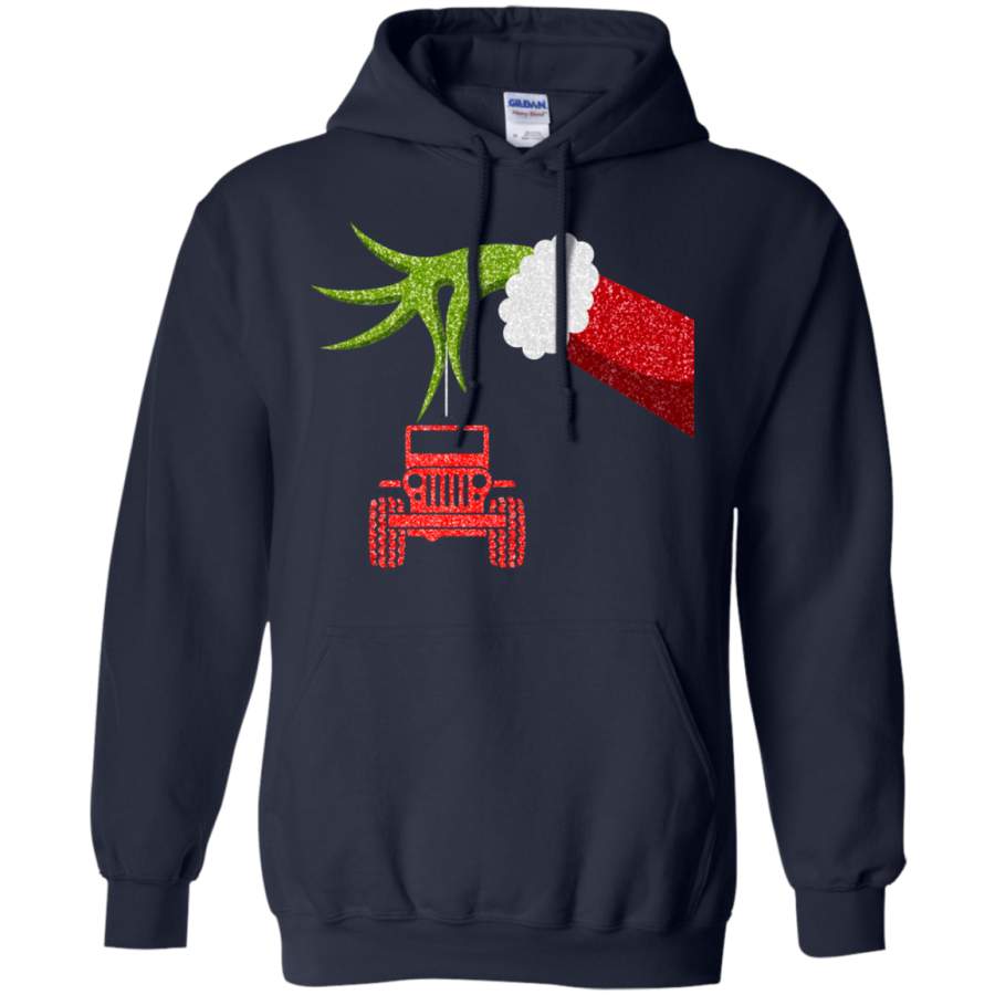 grinch-hand-holding-jeep-ornament-sparkle-christmas-hoodie