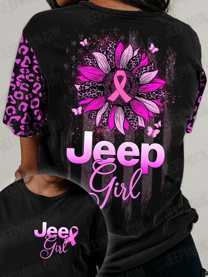 Jeep Girl Flag Sunflower Breast Cancer T-shirt