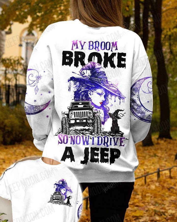 My Broom Broke So Now Drive A Jeep T-Shirt White Purple