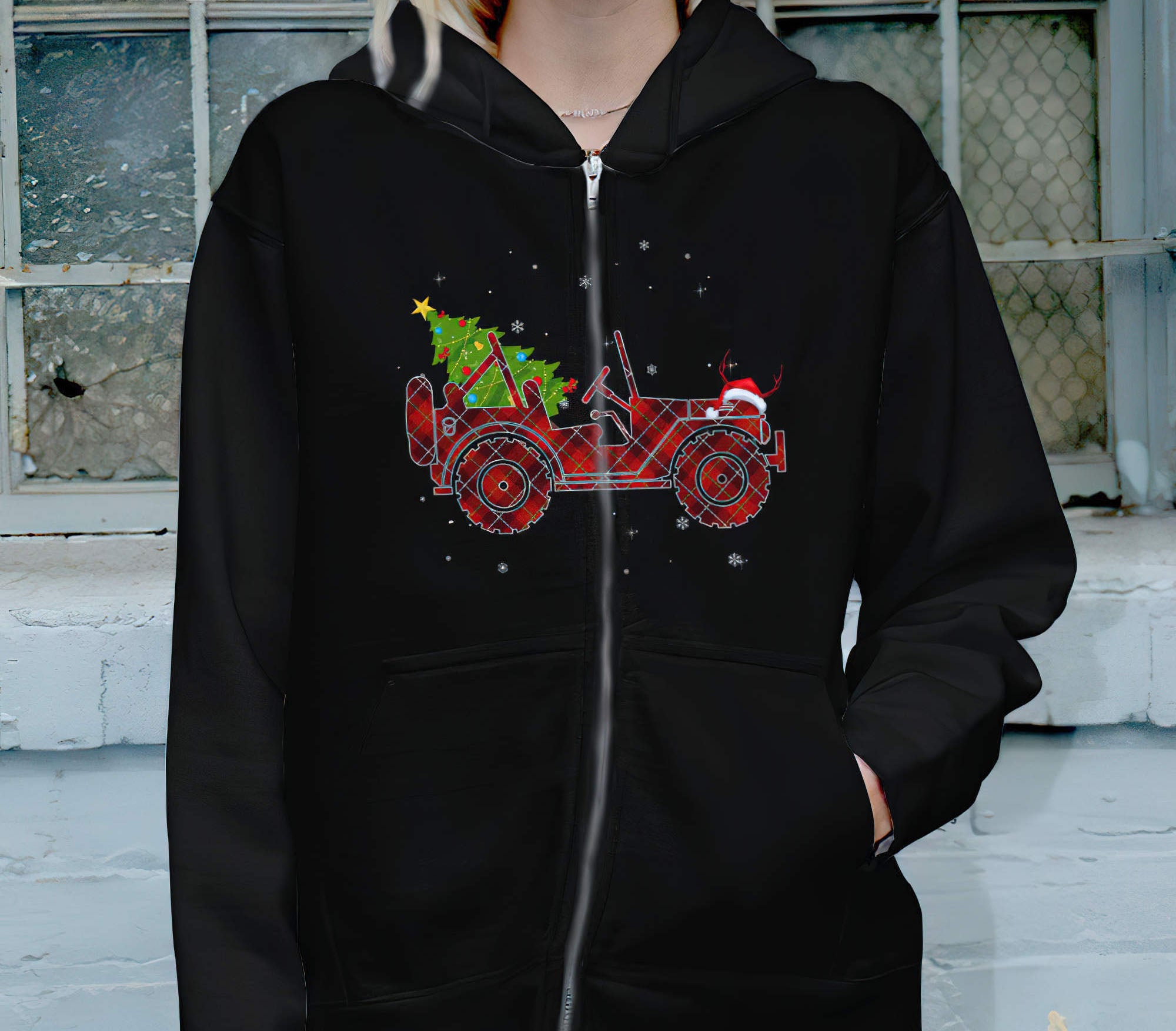 jeep-red-plaid-christmas-1-sided-hoodie