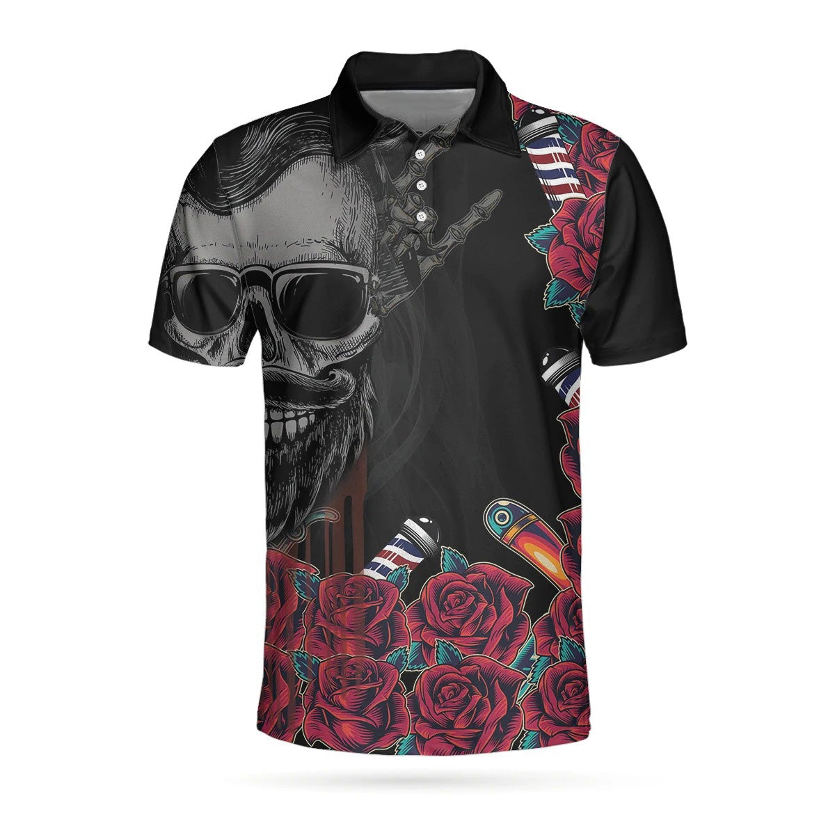 personalized-barber-polo-shirt-gentleman-skull-red-roses