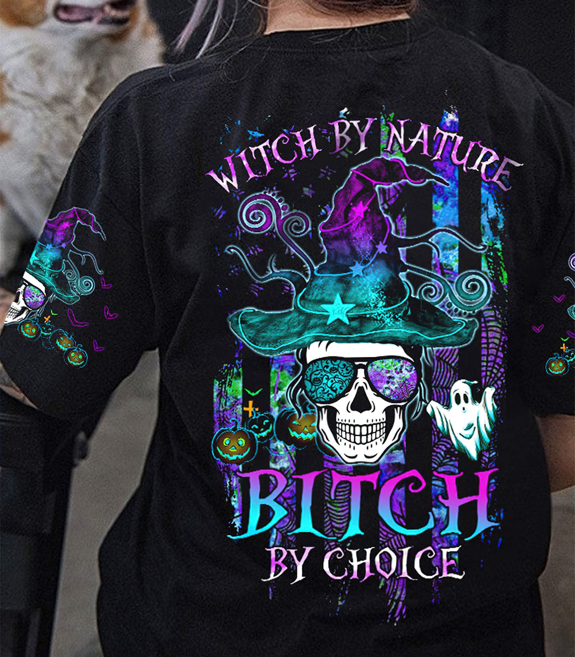 witch-by-nature-messy-bun-skull-all-over-print-t-shirt