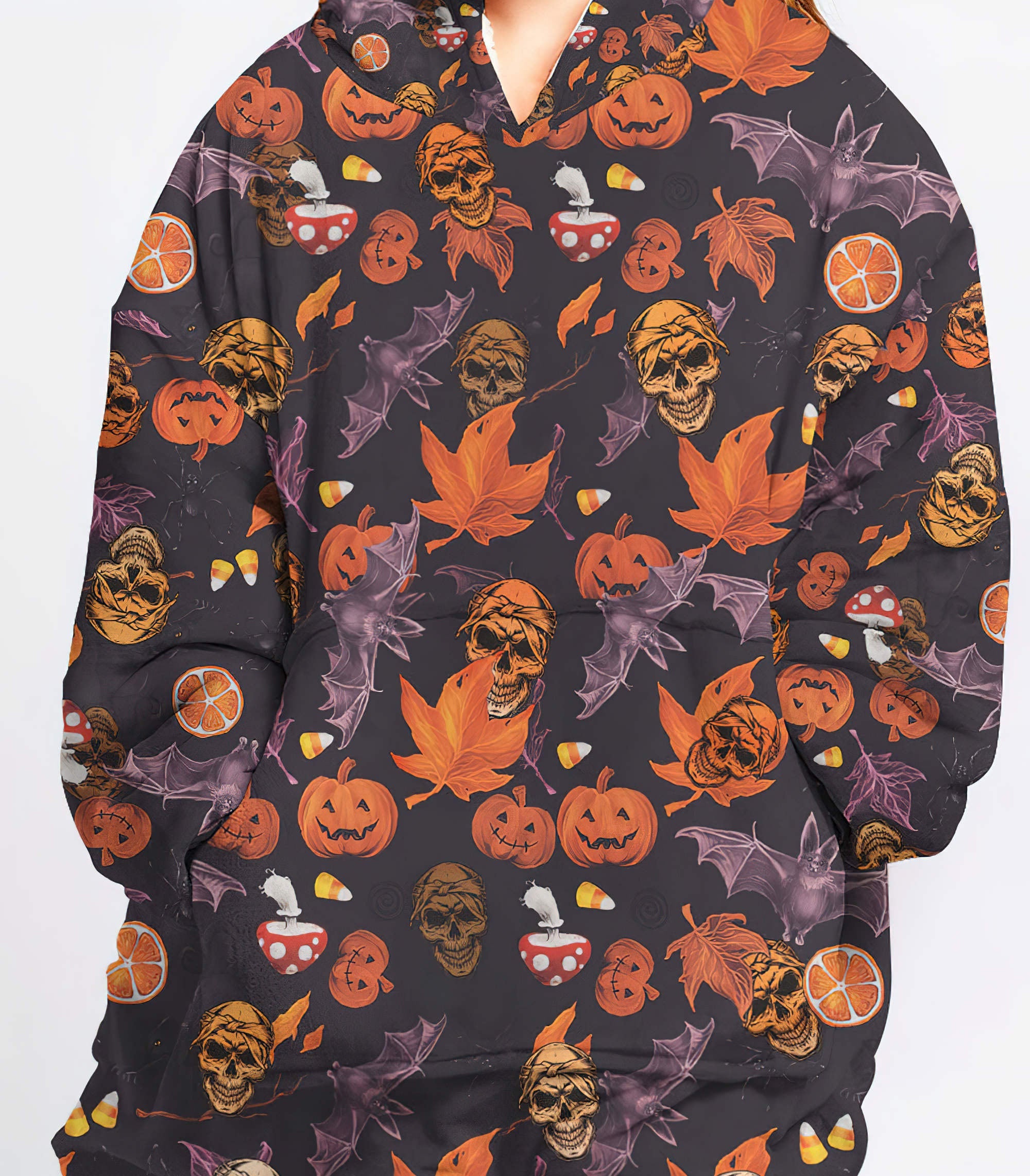 Skull Halloween Pattern Sherpa Blanket Hoodie Wearable Blanket Hoodie