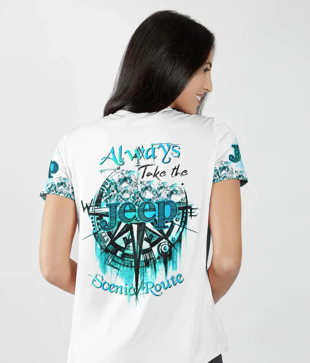 always-take-the-scenic-route-compass-beach-jeep-women-v-neck-t-shirt