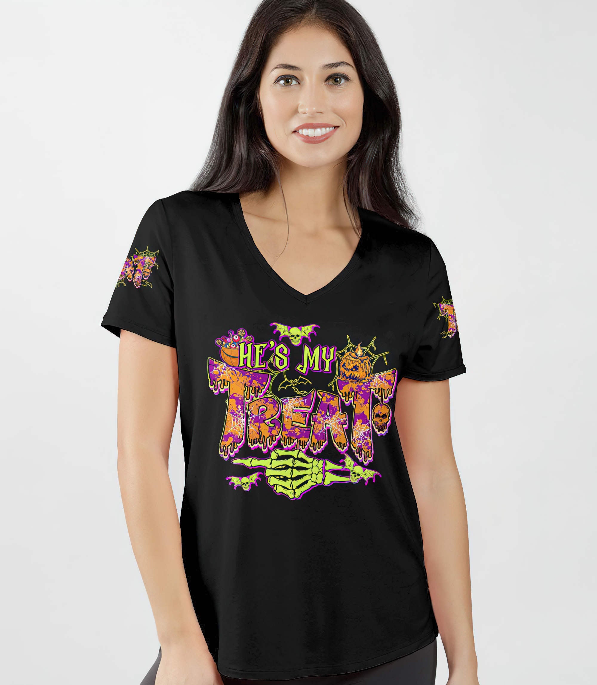 skull-halloween-couple-all-over-print-women-v-neck-t-shirt