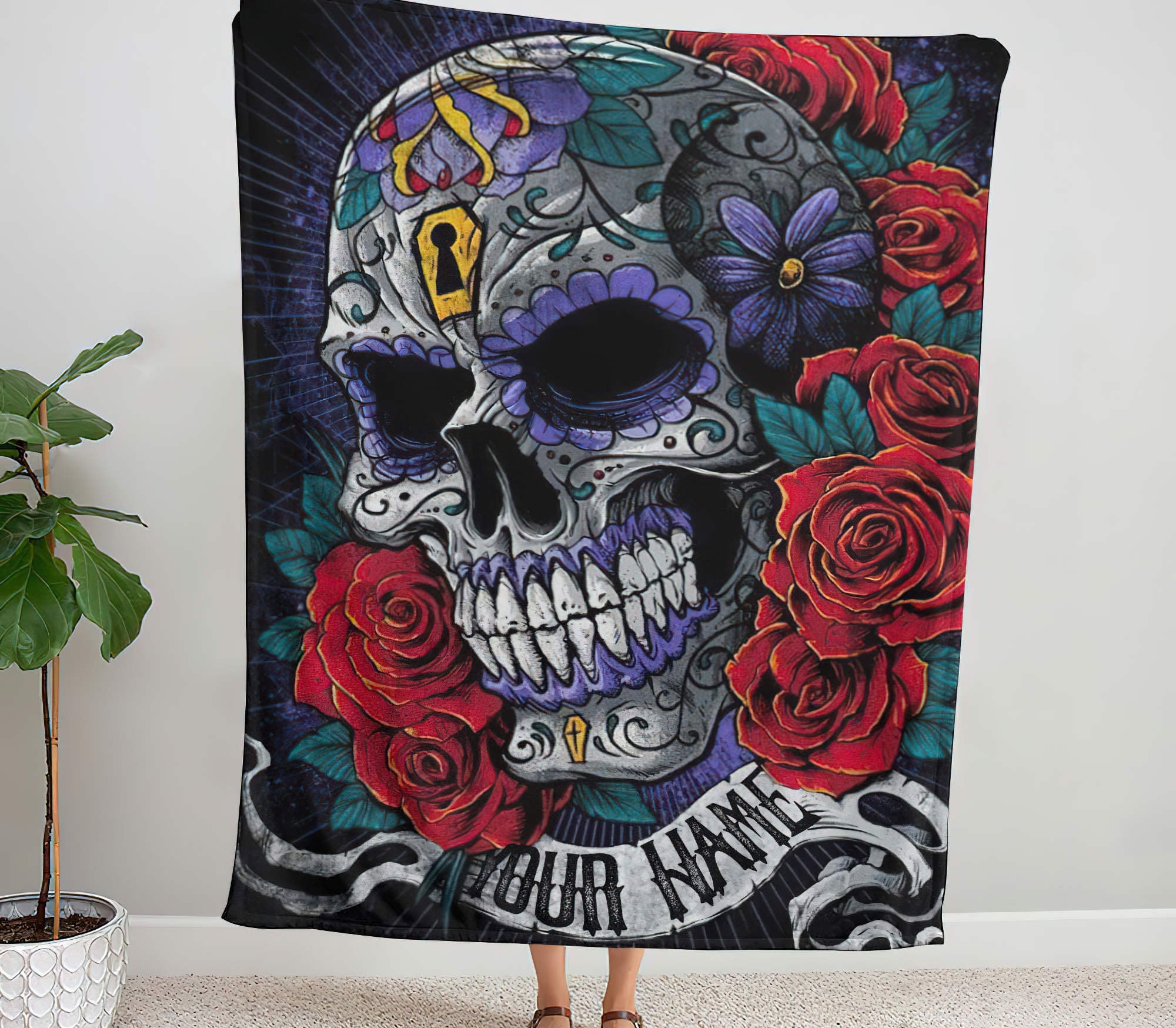 Personalized Sugar Skull Rose Banner Woven & Fleece Blanket