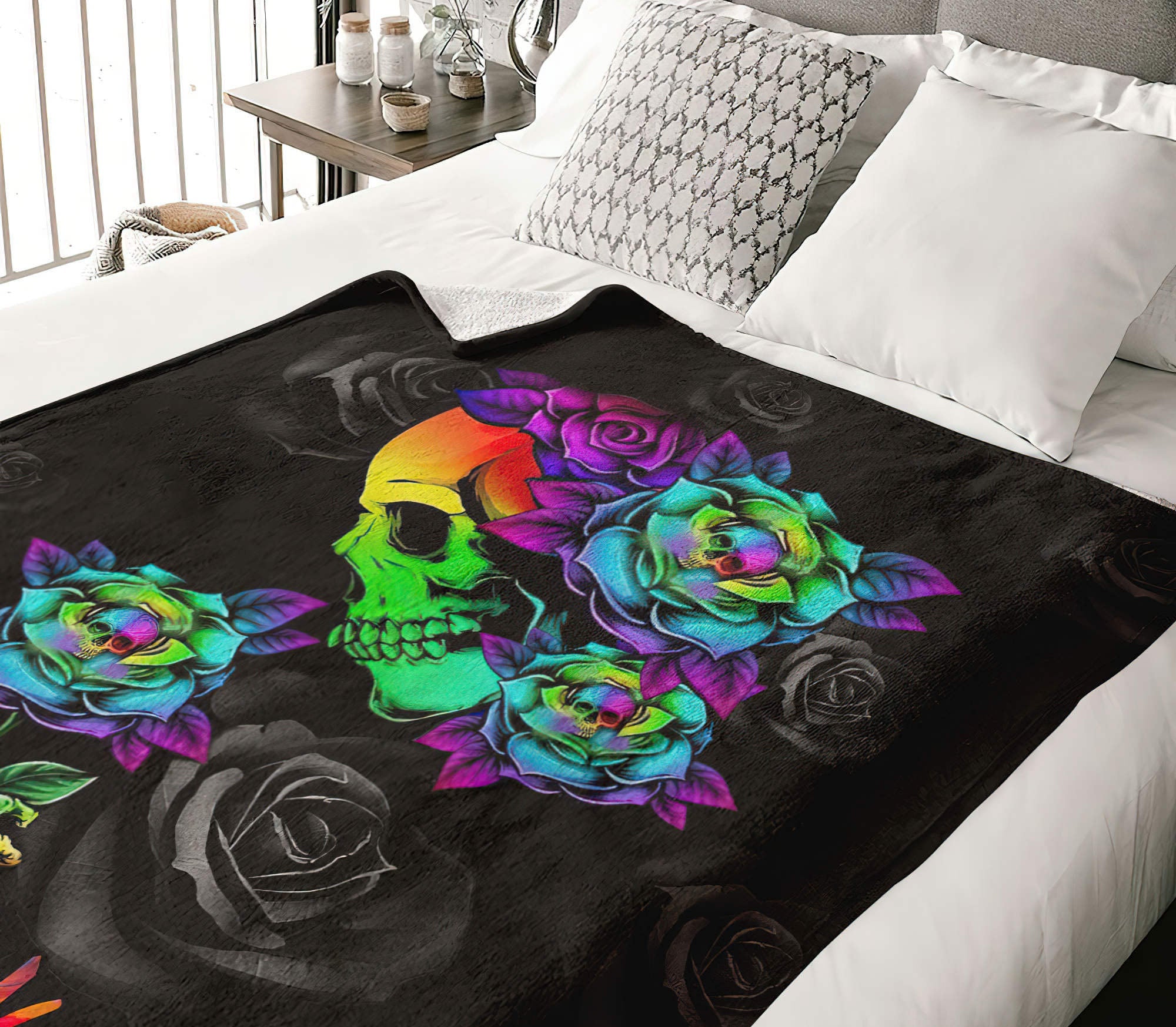 Personalized Colorful Skull Rose Woven & Fleece Blanket