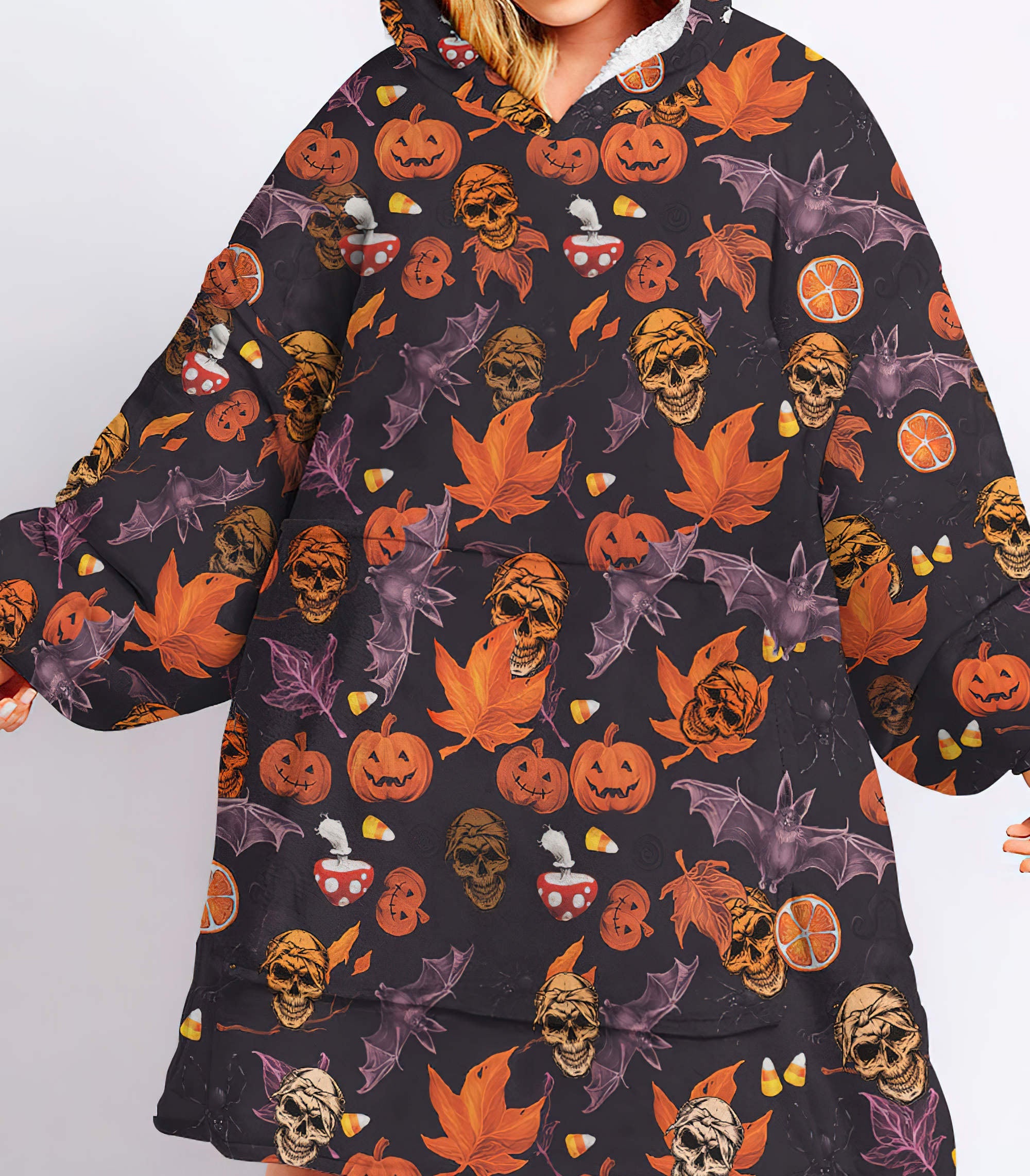 Skull Halloween Pattern Sherpa Blanket Hoodie Wearable Blanket Hoodie