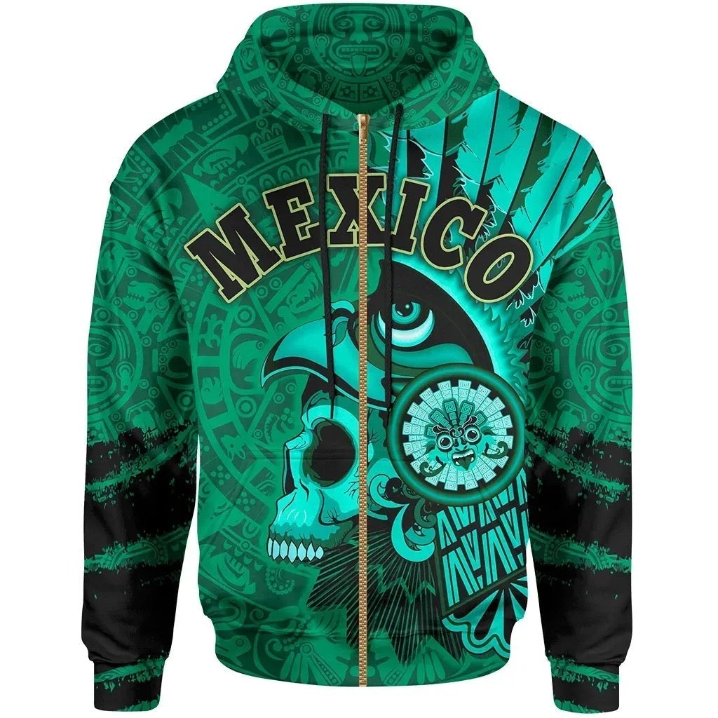 mexico-zip-up-hoodie-skull-aztec-warrior-green